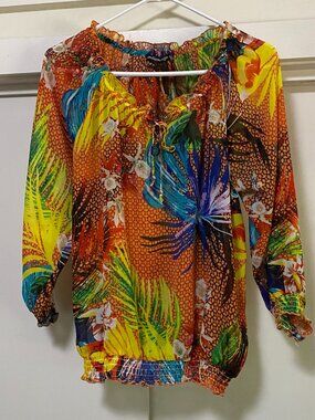 Madison Paige, beautiful & bright tropical Boho blouse, size S/M